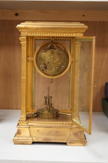 A large 19th century French four glass mantel clock, with key and pendulum, 37cm. Condition - fair to good, not tested